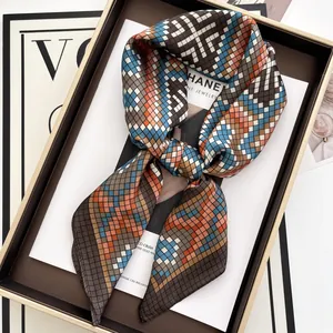 Fashion Satin Scarf For Women Elegant Geometric Grid Pattern Large Shawl All-Match Wrap Scarf Soft Decorative Neck Scarf