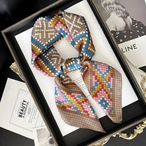 Elegant geometric silk scarf with vintage color-block pattern and smooth satin finish
