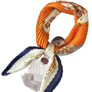 Pleated square silk scarf with vintage palace print in orange and navy blue