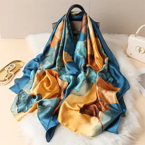 Women Fashion Satin Scarf Long Shawl With Ginkgo Leaf Print Contrast Color Sun Protection Beach Cover Up Wrap For Daily Travel