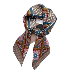 Elegant geometric print square silk scarf with vintage color-block pattern on white background