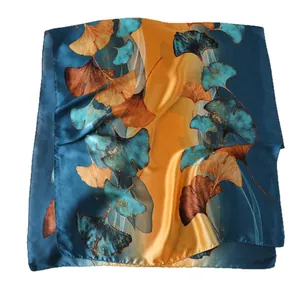 Satin silk scarf with ginkgo leaf print in blue and yellow, long summer sun protection shawl
