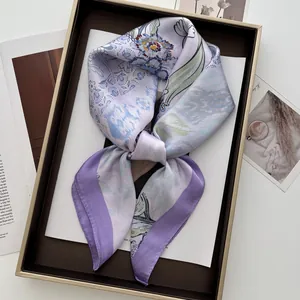 70cm floral satin silk scarf with vintage flower print displayed in an elegant gift box