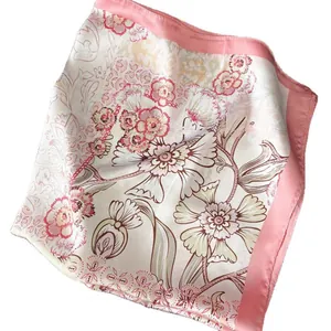 Elegant 70cm silk satin square scarf featuring pink floral print and a soft finish