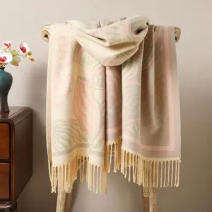 Women Thickened Warm Scarf Shawl Elegant Ethnic Leaf Pattern Core Spun Yarn Warp Knitted Tassels Wraps For Autumn Winter