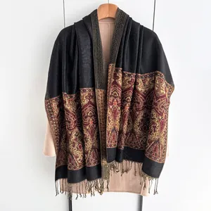 Ethnic style black winter shawl with red baroque patterns and decorative tassels
