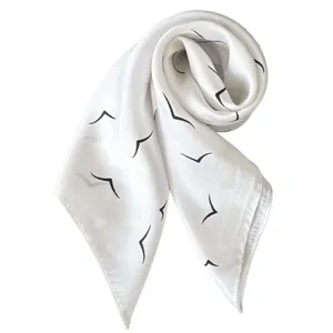 Elegant white square silk scarf with minimalist black seagull print for women
