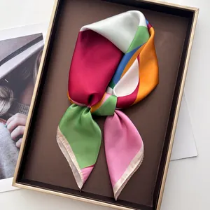 Women Satin Square Scarf Minimalist Geometric Color Block Printed Head Scarf Silk Look Shawl Office Fashion Accessory