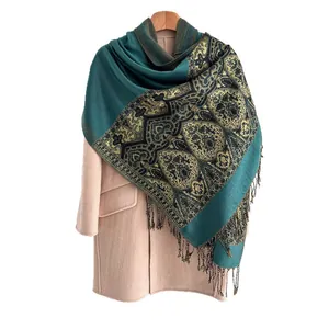 Ethnic paisley pattern thick scarf with tassels in dark teal and gold tones