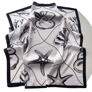 Elegant black and white silk square scarf with starfish and seashell nautical prints