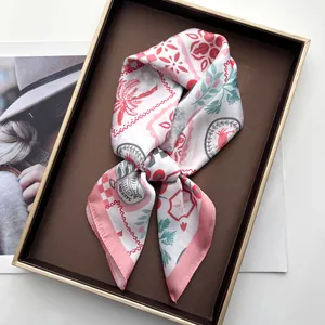 Elegant Satin Square Scarf Coconut Tree Lobster Sardine Print Vintage Silk Feel Head Scarf Fashion Accessories For Women