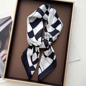 Elegant Geometric Wavy Checkerboard Satin Square Scarf Women Silk Like Printed Fashion Neck Scarf Daily Versatile Accessory