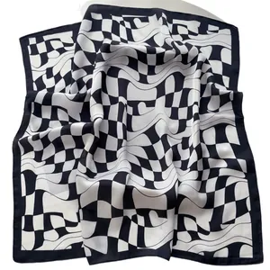 Elegant geometric wavy checkerboard square silk scarf in black and white pattern