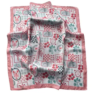Elegant 65cm satin square scarf featuring lobster and palm tree geometric prints