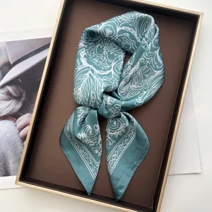 Teal vintage floral square silk scarf with hand-painted patterns in a luxury gift box