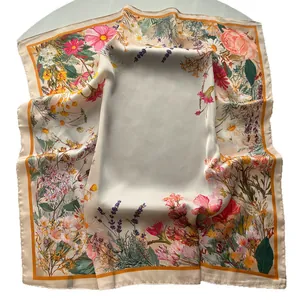 Elegant 65x65 floral silk scarf with orange border and spring daisy botanical print