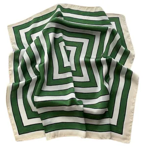 Modern striped silk square scarf for women in deep green and white geometric pattern