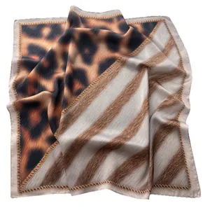 Leopard and striped patchwork silk scarf with golden rope border for men and women
