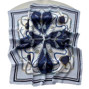 Elegant navy silk-feel square scarf with tassel chain print for women's neckwear