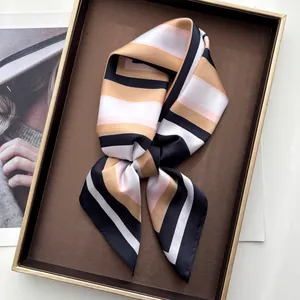 Elegant striped silk-like satin scarf with geometric champagne and black color block