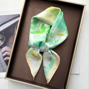 Elegant mint green and yellow watercolor peony printed silk square scarf for women