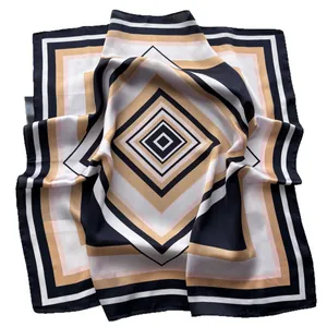 Elegant geometric diamond print silk satin square scarf in navy and gold tones