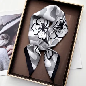 Women Fashion Floral Print Satin Square Scarf Elegant Wavy Pattern Silk Like Hair Scarf Neckerchief Headscarf Gift Accessories