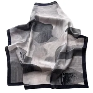 Elegant 65cm square silk scarf with abstract mountain river print and black borders