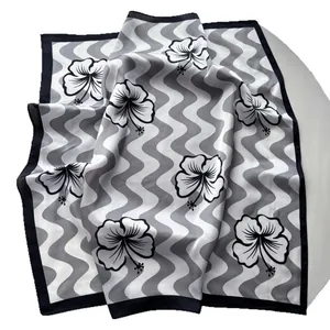 Silk-like square scarf with modern black grey wave and hibiscus flower patterns