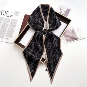 Women Elegant Floral Bow Print Satin Twilly Scarf Vintage Long Skinny Scarf For Hair Handbag Neck Decoration Fashion Accessory