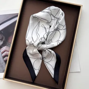 French Vintage Magnolia Print Satin Square Scarf For Women Elegant Floral Line Drawing Neck Scarf Headwrap Hair Styling
