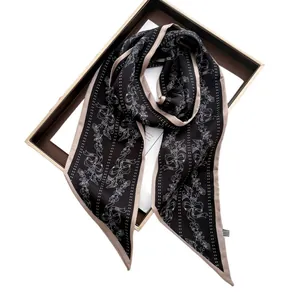 Floral print silk scarf with bow pattern in premium gold gift box with greeting card