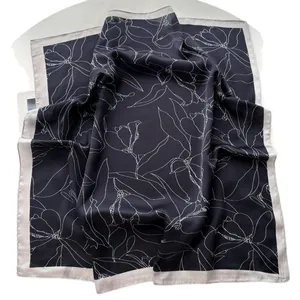 French vintage navy square scarf with white magnolia print on elegant silk-like fabric