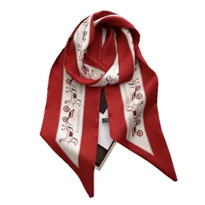 Red and white carriage print silk scarf with luxury glossy finish on a white background