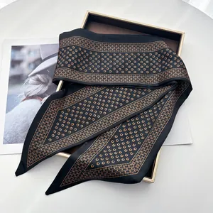 Elegant black and gold horseshoe pattern satin silk scarf in a premium gift box