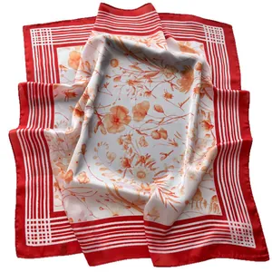 French striped square silk scarf with red floral print and elegant borders