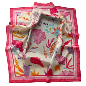 Floral and seashell print satin square scarf with elegant pink border for beach style