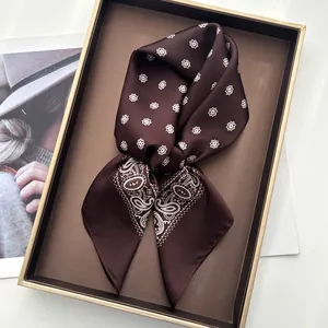 Vintage Paisley Pattern Satin Square Scarf For Women Brown Silk-Like Floral Headscarf Fashion Neck Scarf Hair Wrap