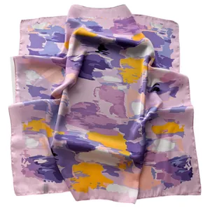 Luxurious French silk scarf with purple floral oil painting print and soft silk texture