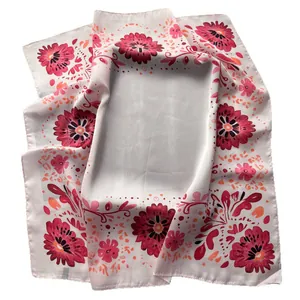 Elegant floral silk satin scarf for women with red and pink flower print pattern