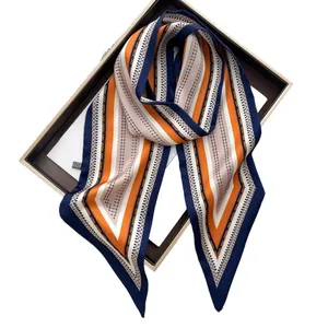 Französisches Seidenhalstuch mit Streifen und orange-marineblauen Mustern