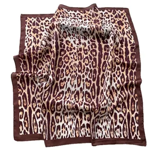 Classic leopard print silk-like square scarf with brown borders for women and men
