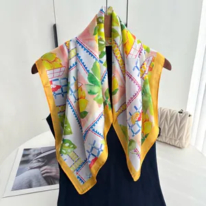 Damen Frucht Druck Satin Vierecktuch Zitrone Orange Tropische Pflanzen Muster Modisch Seidig Kopftuch Halstuch Accessoire