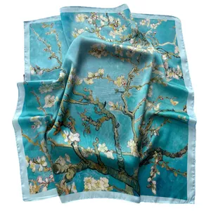 Silk square scarf featuring Van Gogh Almond Blossom floral print in blue and white colors