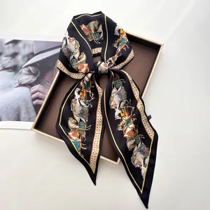 Women Vintage Horse Print Satin Narrow Scarf Elegant Equestrian Twilly Scarf For Bag Handle Hair Ribbon Headband Neck Tie