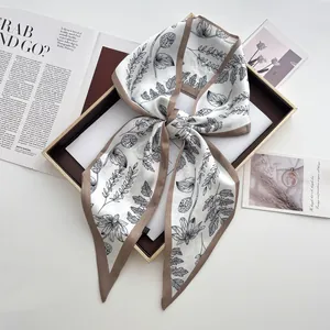 Elegant Satin Narrow Scarf For Women Botanical Floral Bowknot Print Hair Band Bag Ribbon Vintage Silk Feeling Neck Scarf