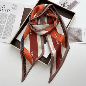 French retro style twilly silk scarf with orange geometric stripes and horse print