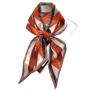 Fashionable horse print satin skinny scarf with geometric stripes and pointed edges
