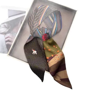 Elegant striped silk satin narrow scarf with colorful geometric patterns and elephant print
