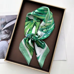Elegant Women Monstera Leaf Print Satin Square Scarf Tropical Botanical Pattern Silky Head Neck Wrap Fashion Hair Accessories